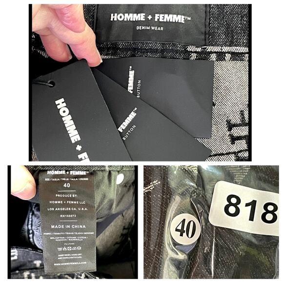 Homme + Femme NEW HF Logo Jeans Mens Sz 40 Black White Honeycomb Pattern Stretch - Picture 9 of 9